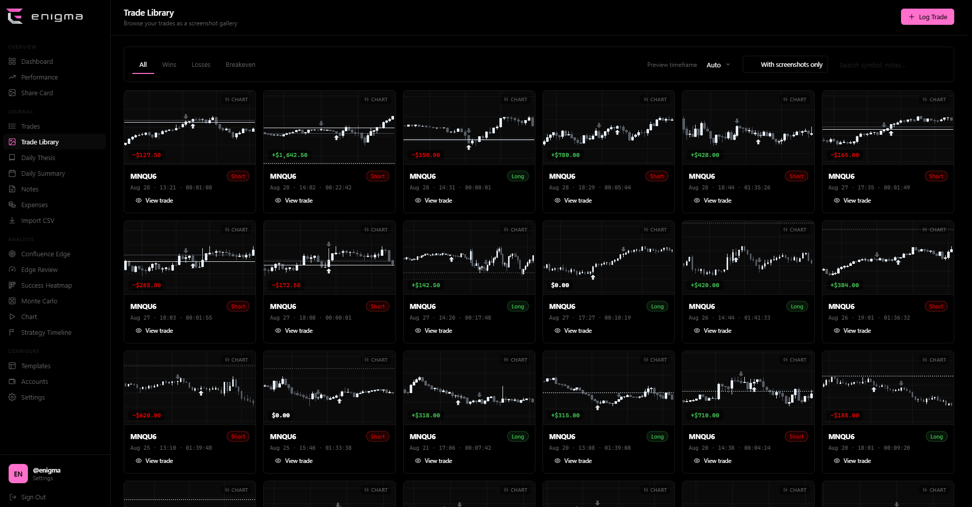 A filterable gallery of auto-captured trade screenshots.